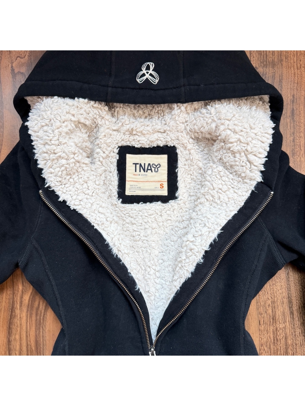 Y2K TNA Aritzia Sherpa Lined Zip Hoodie Womens S Black Faux Fur Sweatshirt
